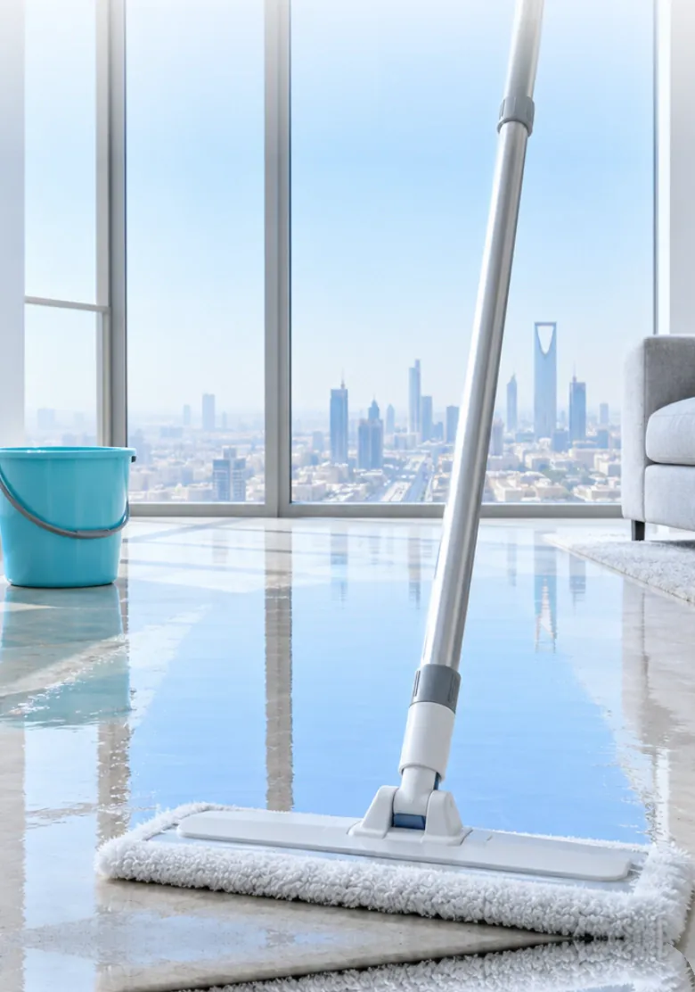 A cleaning mop leaving a gleaming trail across an apartment floor, with glass windows and the city skyline behind